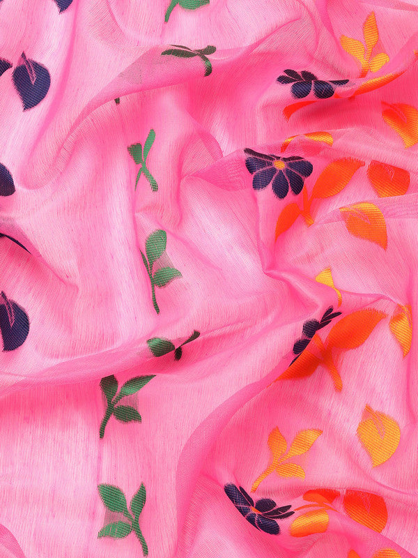 Pink Pure Cotton Woven Zari Design Floral Saree with Unstitched Blouse - Hiral Fashion | Swadesiicart