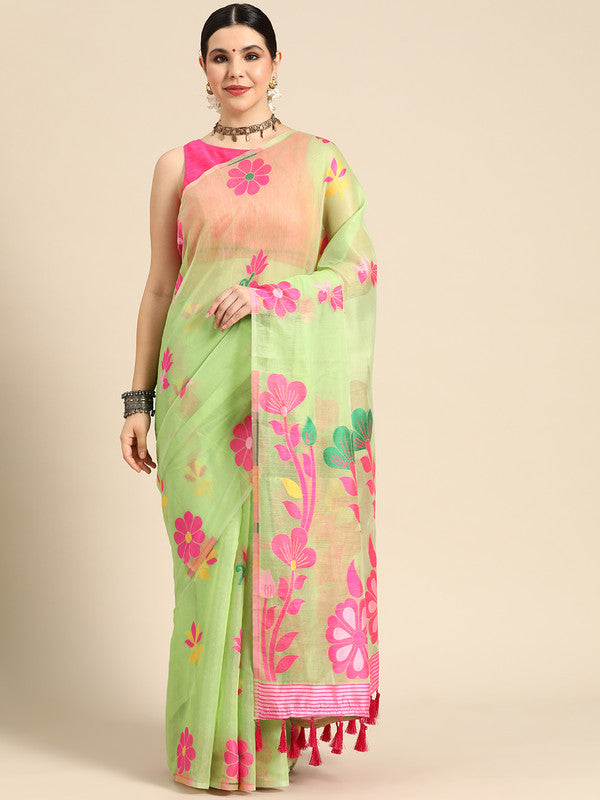 Green Pure Cotton Woven Zari Design Floral Saree with Unstitched Blouse - Hiral Fashion | Swadesiicart