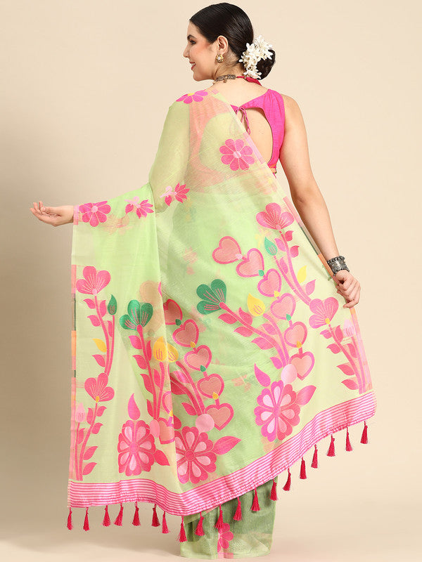 Green Pure Cotton Woven Zari Design Floral Saree with Unstitched Blouse - Hiral Fashion | Swadesiicart