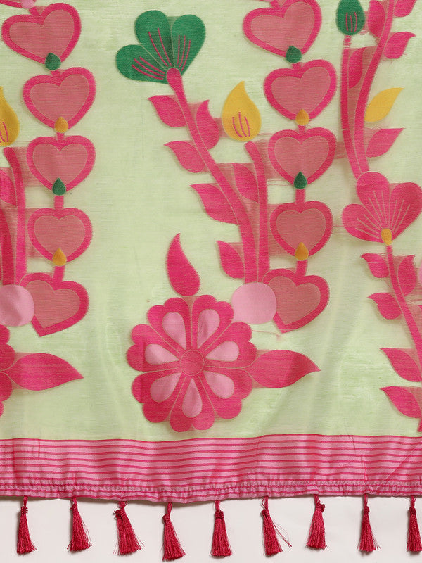 Green Pure Cotton Woven Zari Design Floral Saree with Unstitched Blouse - Hiral Fashion | Swadesiicart