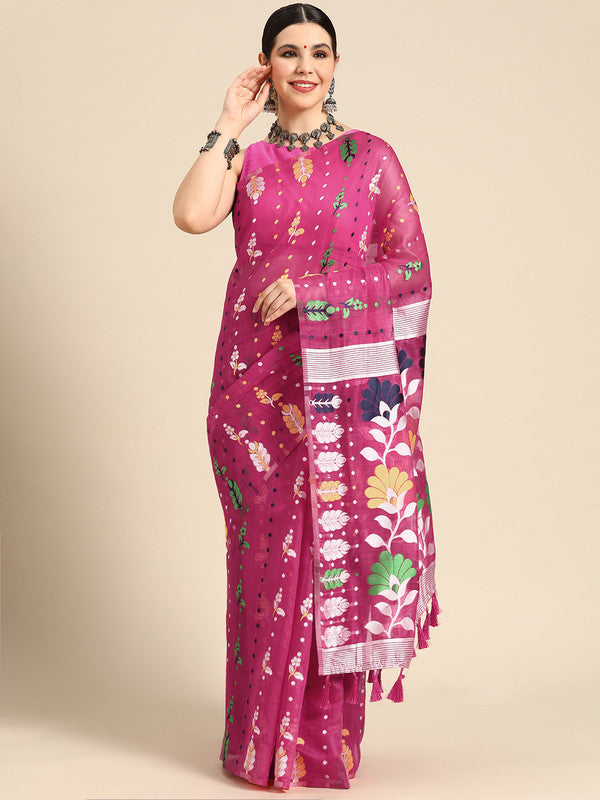 Magenta Pure Cotton Woven Zari Design Floral Saree with Unstitched Blouse - Hiral Fashion | Swadesiicart