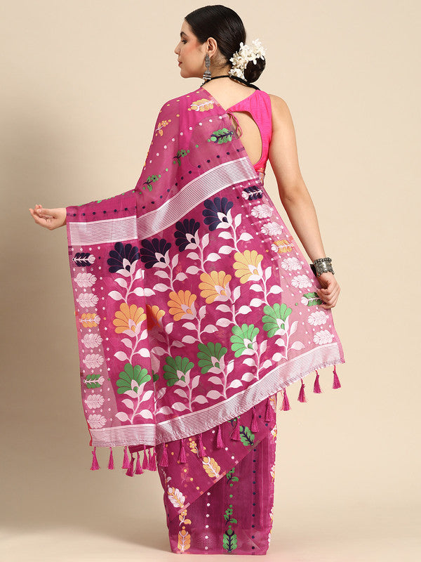 Magenta Pure Cotton Woven Zari Design Floral Saree with Unstitched Blouse - Hiral Fashion | Swadesiicart