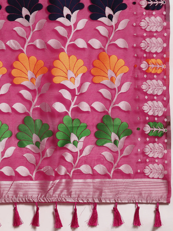 Magenta Pure Cotton Woven Zari Design Floral Saree with Unstitched Blouse - Hiral Fashion | Swadesiicart