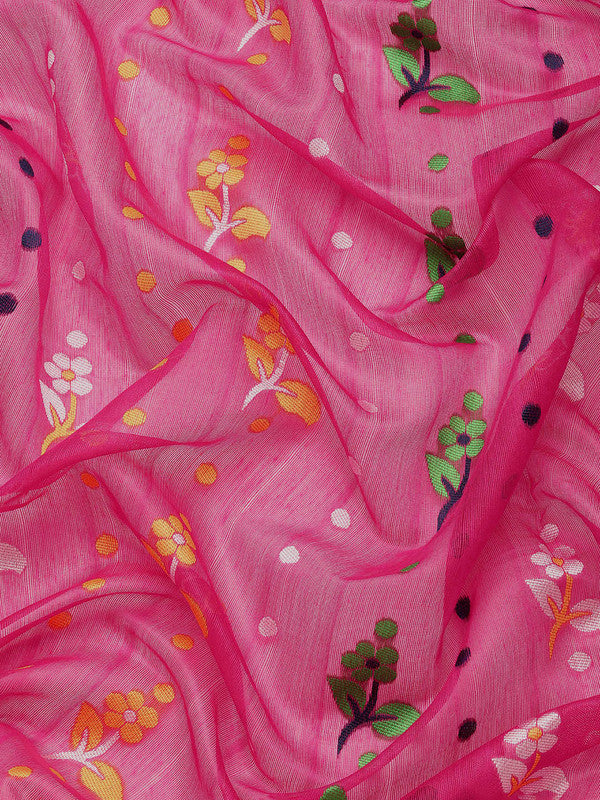 Magenta Pure Cotton Woven Zari Design Floral Saree with Unstitched Blouse - Hiral Fashion | Swadesiicart