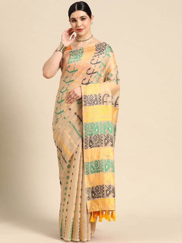 Multicolor Pure Cotton Woven Zari Design Geomatric Saree with Unstitched Blouse - Hiral Fashion | Swadesiicart