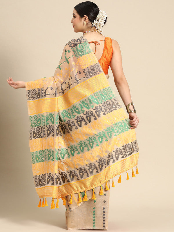 Multicolor Pure Cotton Woven Zari Design Geomatric Saree with Unstitched Blouse - Hiral Fashion | Swadesiicart