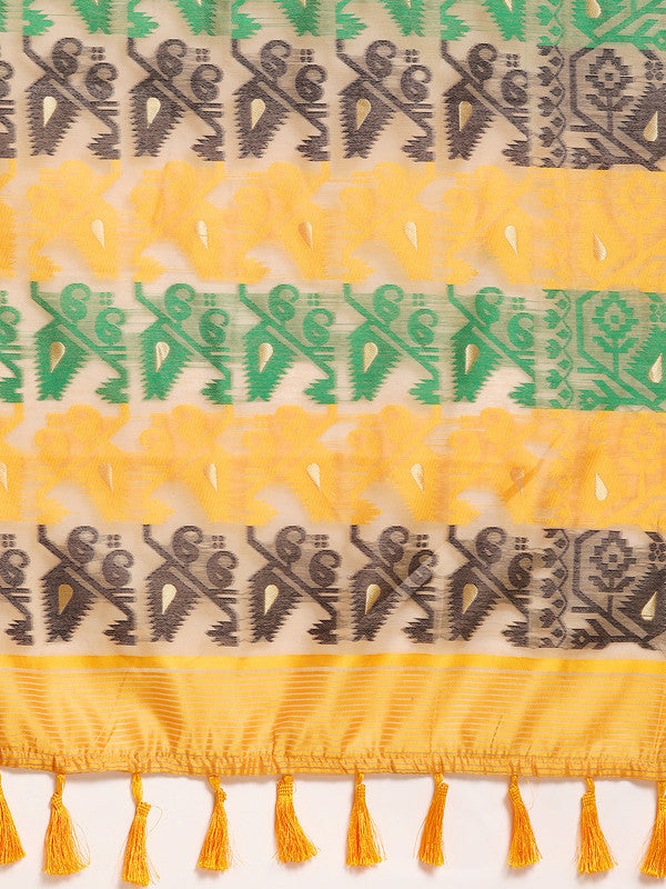 Multicolor Pure Cotton Woven Zari Design Geomatric Saree with Unstitched Blouse - Hiral Fashion | Swadesiicart
