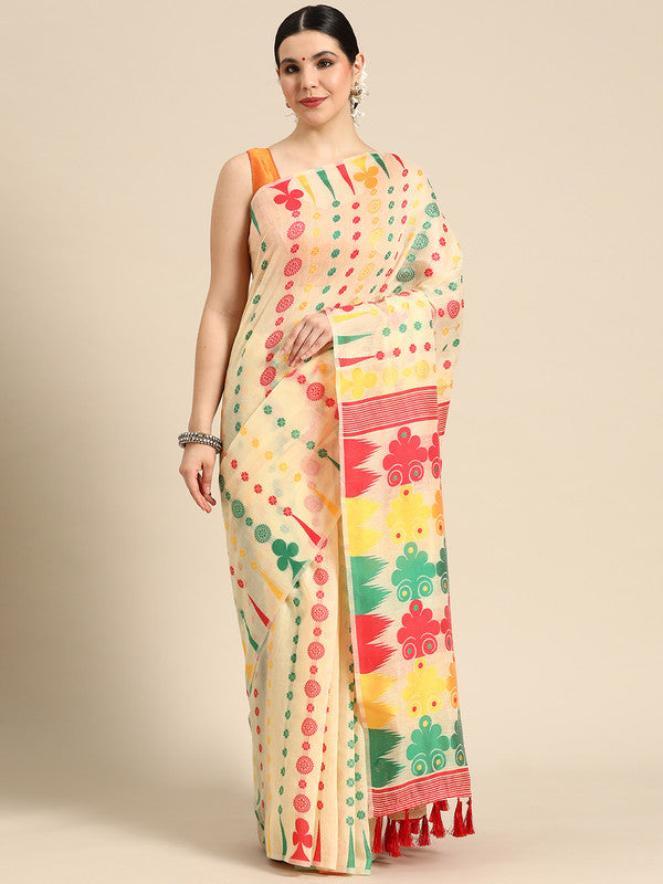 Beige Pure Cotton Woven Zari Design Floral Saree with Unstitched Blouse - Hiral Fashion | Swadesiicart