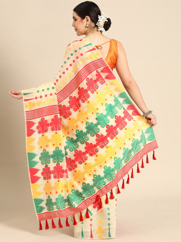 Beige Pure Cotton Woven Zari Design Floral Saree with Unstitched Blouse - Hiral Fashion | Swadesiicart