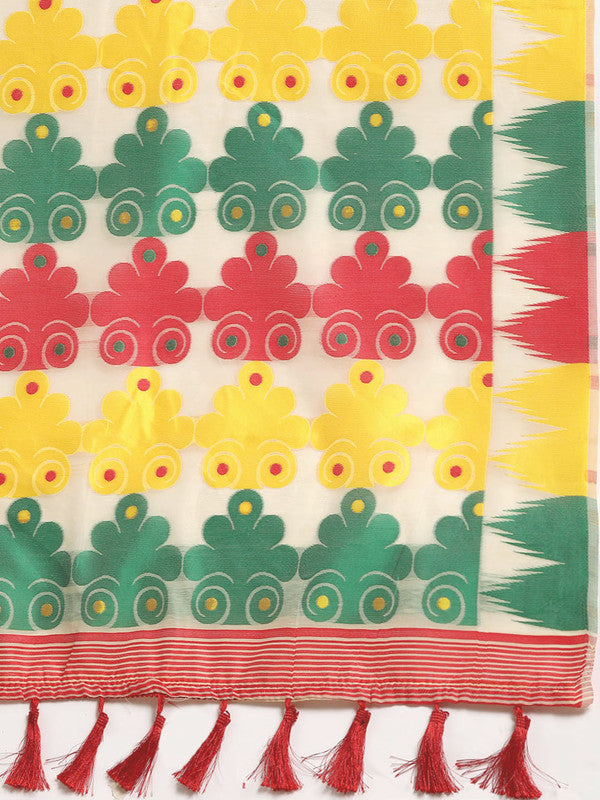Beige Pure Cotton Woven Zari Design Floral Saree with Unstitched Blouse - Hiral Fashion | Swadesiicart