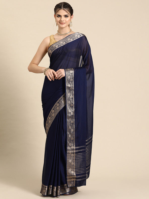 Navy Blue Pure Viscose Chinon Zari Woven Solid Saree with Unstitched Blouse - Hiral Fashion | Swadesiicart