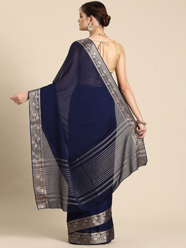 Navy Blue Pure Viscose Chinon Zari Woven Solid Saree with Unstitched Blouse - Hiral Fashion | Swadesiicart
