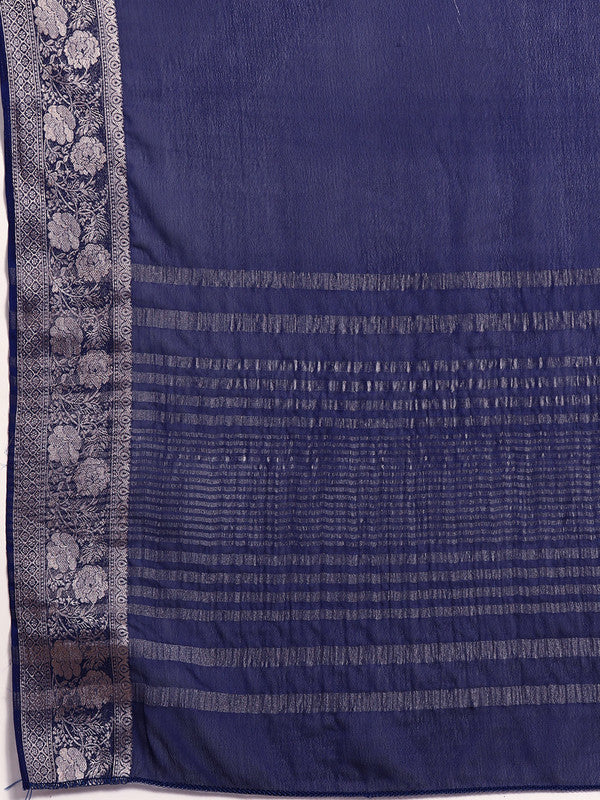 Navy Blue Pure Viscose Chinon Zari Woven Solid Saree with Unstitched Blouse - Hiral Fashion | Swadesiicart