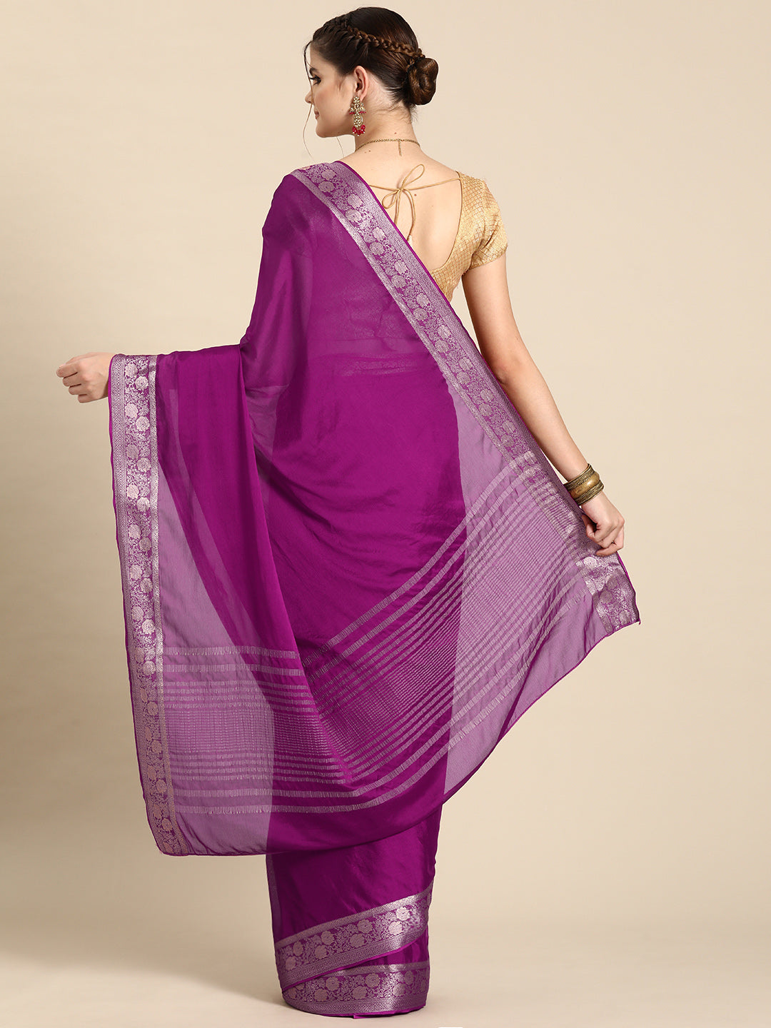 Purple Pure Viscose Chinon Zari Woven Solid Saree with Unstitched Blouse - Hiral Fashion | Swadesiicart