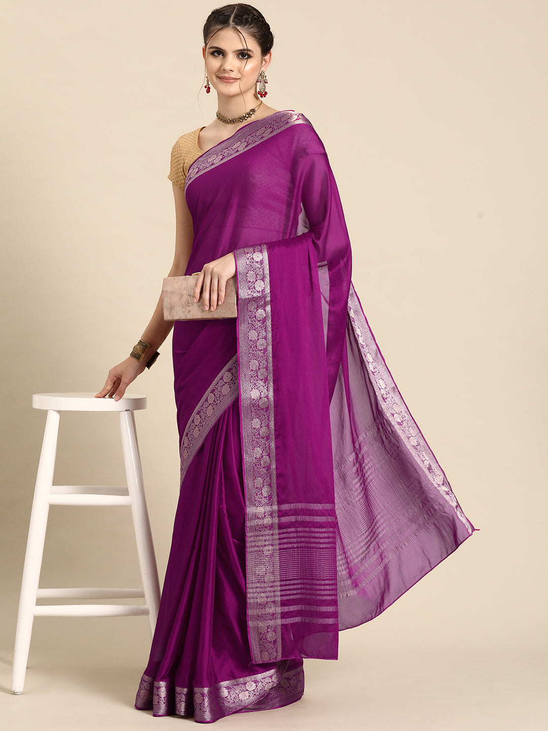 Purple Pure Viscose Chinon Zari Woven Solid Saree with Unstitched Blouse - Hiral Fashion | Swadesiicart