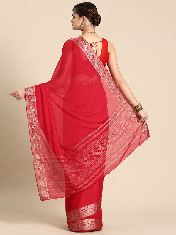Red Pure Viscose Chinon Zari Woven Solid Saree with Unstitched Blouse - Hiral Fashion | Swadesiicart