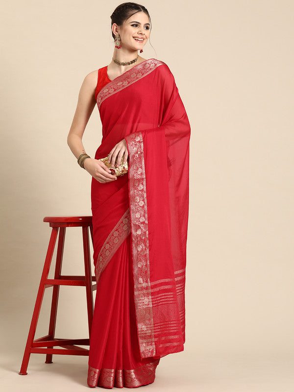Red Pure Viscose Chinon Zari Woven Solid Saree with Unstitched Blouse - Hiral Fashion | Swadesiicart