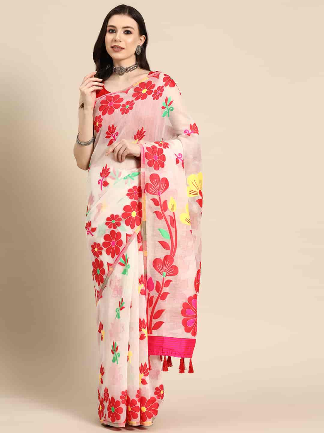Off White Pure Cotton Woven Zari Design Floral Saree with Unstitched Blouse - Hiral Fashion | Swadesiicart
