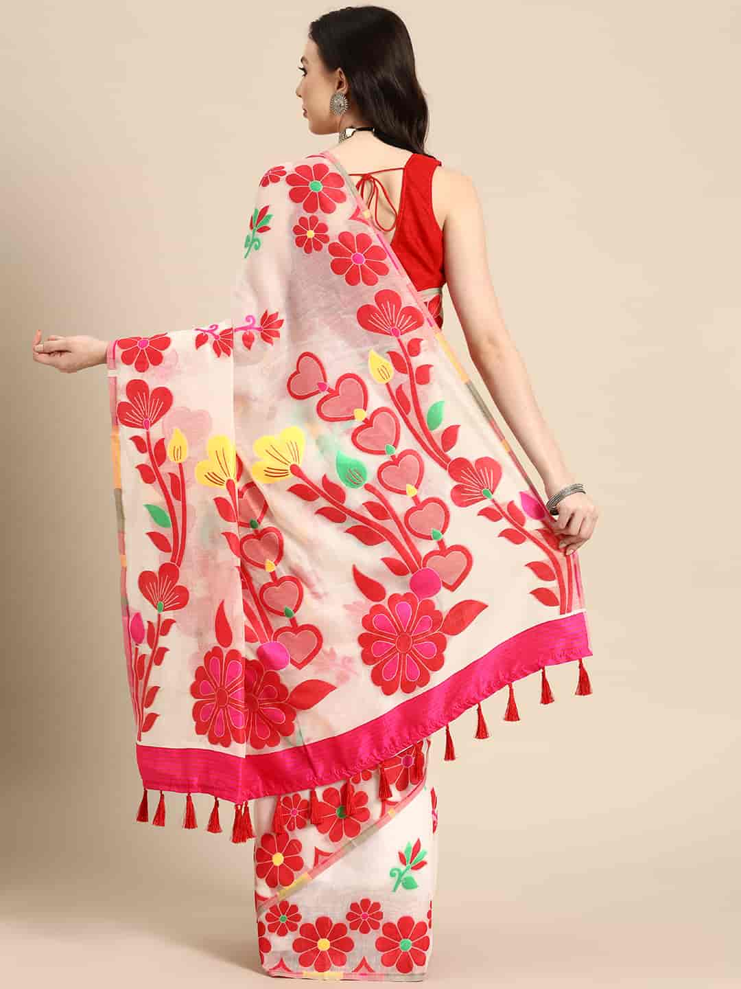 Off White Pure Cotton Woven Zari Design Floral Saree with Unstitched Blouse - Hiral Fashion | Swadesiicart