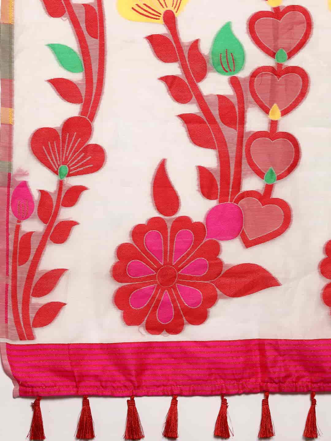 Off White Pure Cotton Woven Zari Design Floral Saree with Unstitched Blouse - Hiral Fashion | Swadesiicart