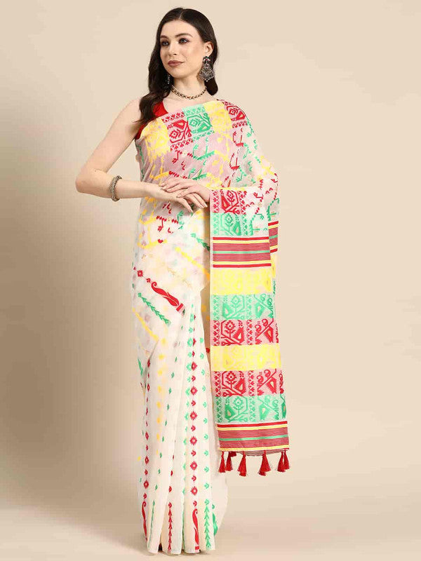 Off White Pure Cotton Woven Zari Design Floral Saree with Unstitched Blouse - Hiral Fashion | Swadesiicart