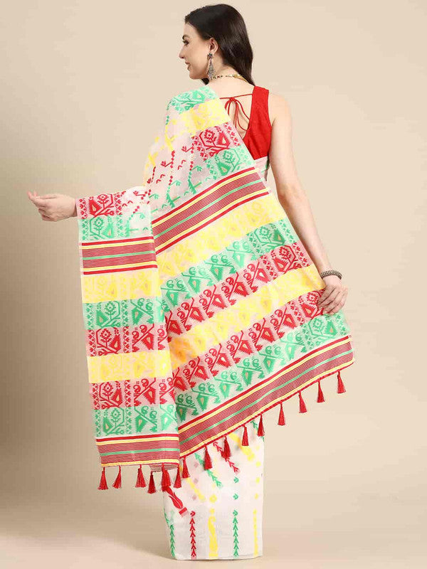 Off White Pure Cotton Woven Zari Design Floral Saree with Unstitched Blouse - Hiral Fashion | Swadesiicart