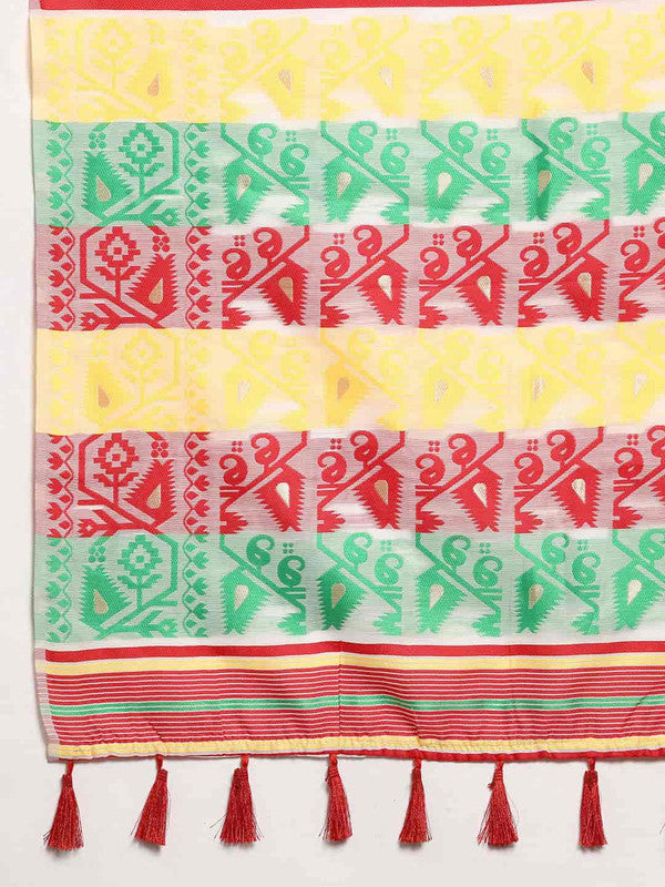 Off White Pure Cotton Woven Zari Design Floral Saree with Unstitched Blouse - Hiral Fashion | Swadesiicart