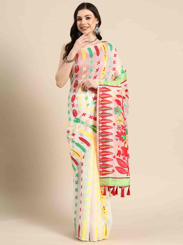 Off White Pure Cotton Woven Zari Design Floral Saree with Unstitched Blouse - Hiral Fashion | Swadesiicart
