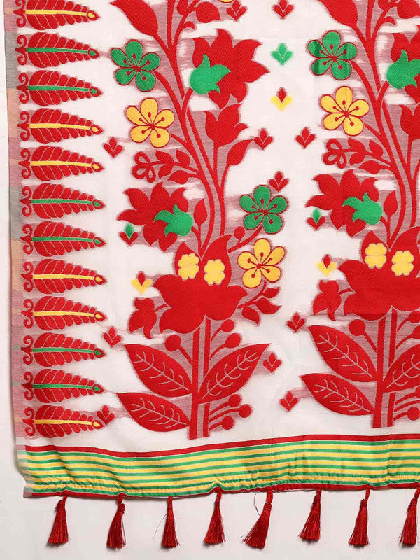 Off White Pure Cotton Woven Zari Design Floral Saree with Unstitched Blouse - Hiral Fashion | Swadesiicart