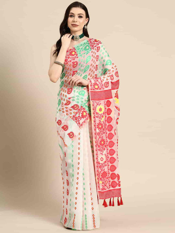 Off White Pure Cotton Woven Zari Design Floral Saree with Unstitched Blouse - Hiral Fashion | Swadesiicart