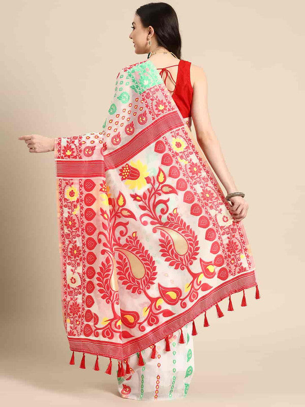 Off White Pure Cotton Woven Zari Design Floral Saree with Unstitched Blouse - Hiral Fashion | Swadesiicart