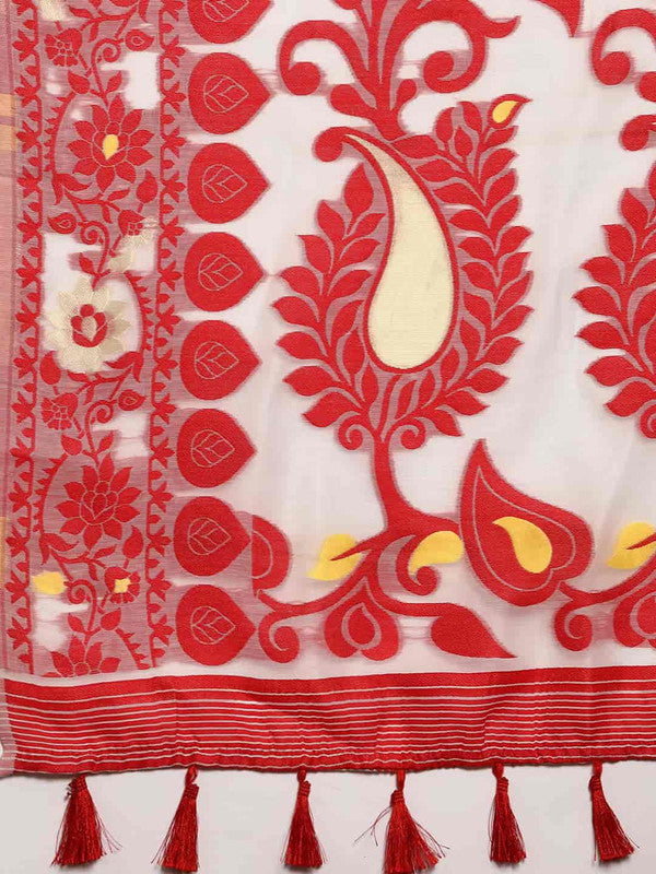 Off White Pure Cotton Woven Zari Design Floral Saree with Unstitched Blouse - Hiral Fashion | Swadesiicart