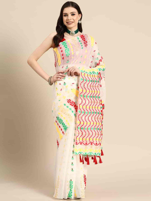 Off White Pure Cotton Woven Zari Design Floral Saree with Unstitched Blouse - Hiral Fashion | Swadesiicart