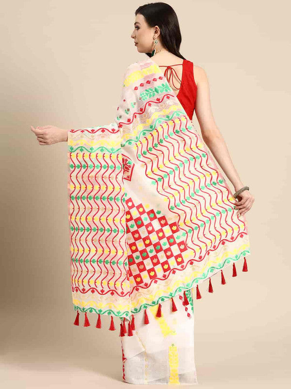 Off White Pure Cotton Woven Zari Design Floral Saree with Unstitched Blouse - Hiral Fashion | Swadesiicart