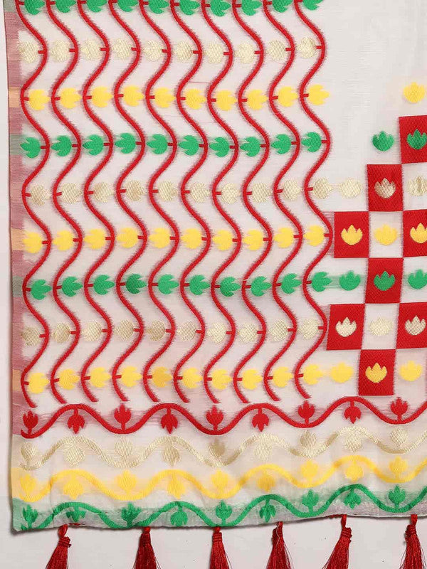 Off White Pure Cotton Woven Zari Design Floral Saree with Unstitched Blouse - Hiral Fashion | Swadesiicart