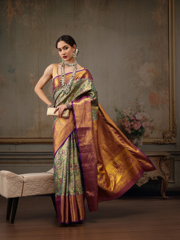 Green Pure Silk Woven Zari Design Floral Saree with Unstitched Blouse - Hiral Fashion | Swadesiicart
