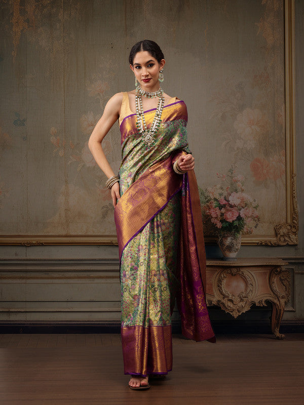 Green Pure Silk Woven Zari Design Floral Saree with Unstitched Blouse - Hiral Fashion | Swadesiicart