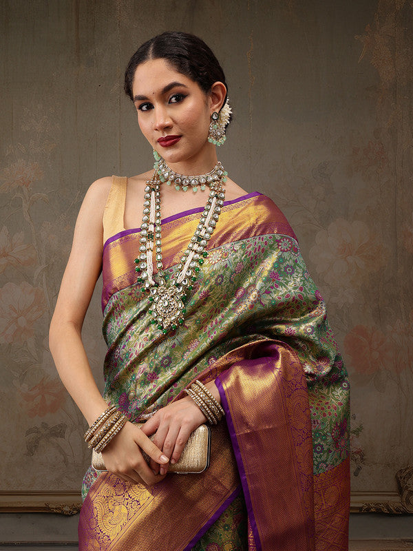 Green Pure Silk Woven Zari Design Floral Saree with Unstitched Blouse - Hiral Fashion | Swadesiicart