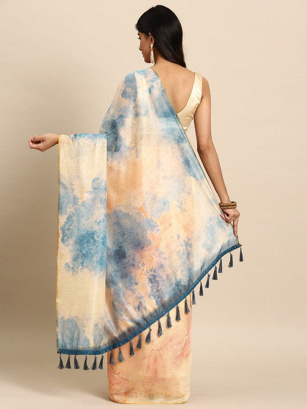 Beige Organza Printed Tie and Dye Saree with Unstitched Blouse - Hiral Fashion | Swadesiicart
