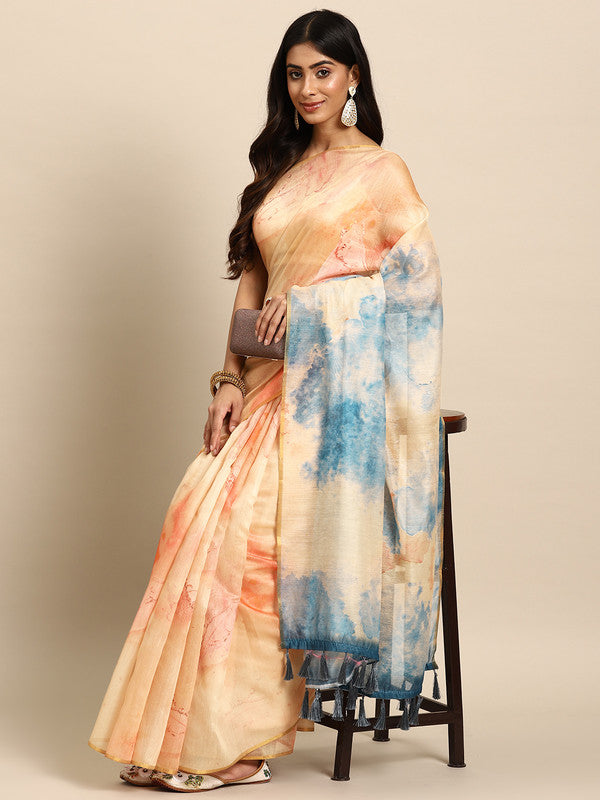 Beige Organza Printed Tie and Dye Saree with Unstitched Blouse - Hiral Fashion | Swadesiicart