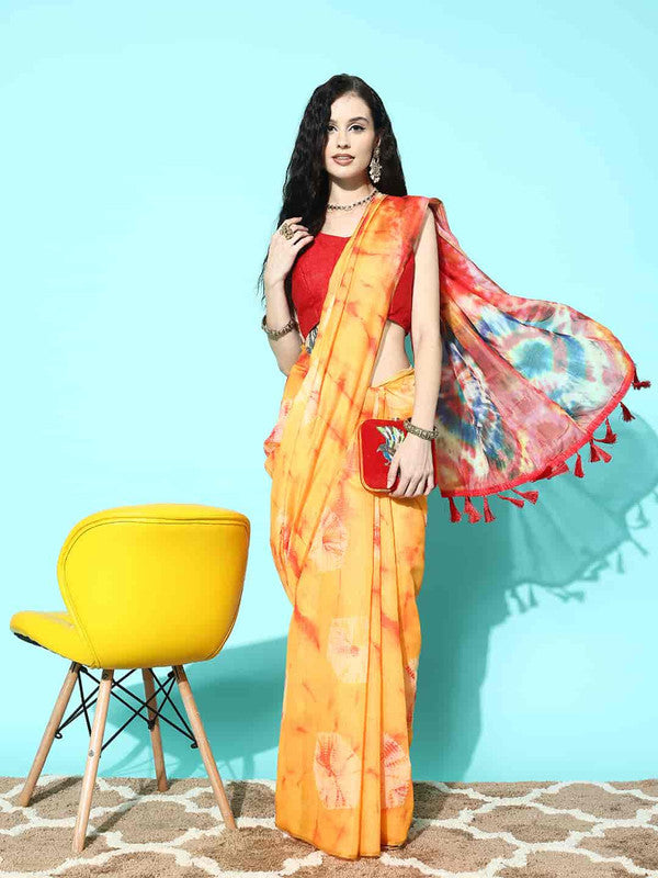 Mustard Organza Printed Tie and Dye Saree with Unstitched Blouse - Hiral Fashion | Swadesiicart