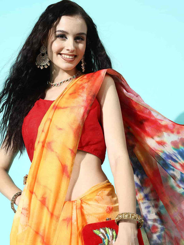 Mustard Organza Printed Tie and Dye Saree with Unstitched Blouse - Hiral Fashion | Swadesiicart