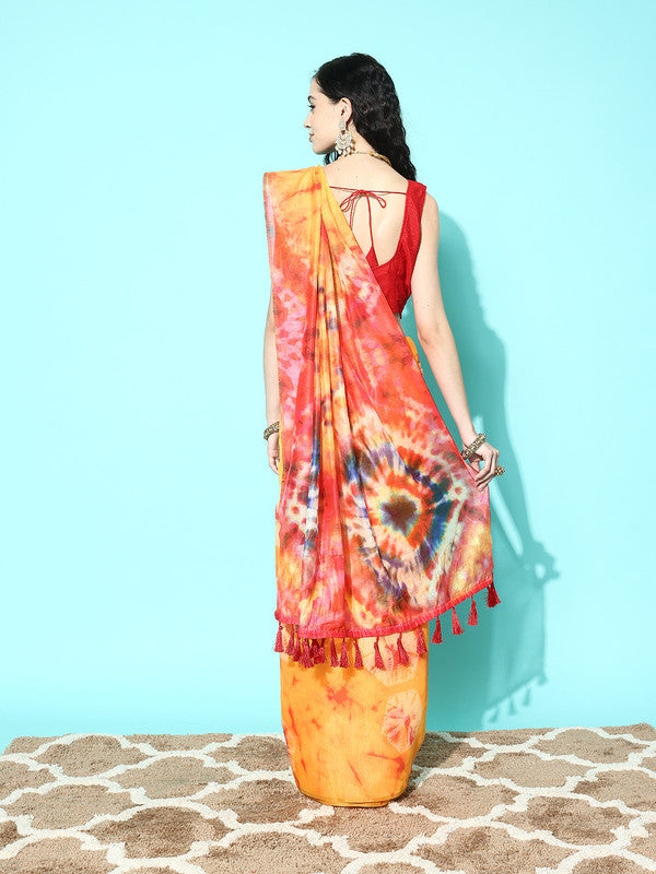 Mustard Organza Printed Tie and Dye Saree with Unstitched Blouse - Hiral Fashion | Swadesiicart