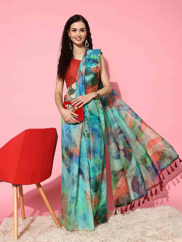 Multicolor Organza Printed Tie and Dye Saree with Unstitched Blouse - Hiral Fashion | Swadesiicart
