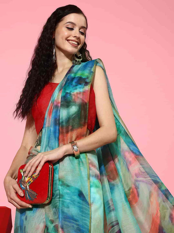 Multicolor Organza Printed Tie and Dye Saree with Unstitched Blouse - Hiral Fashion | Swadesiicart