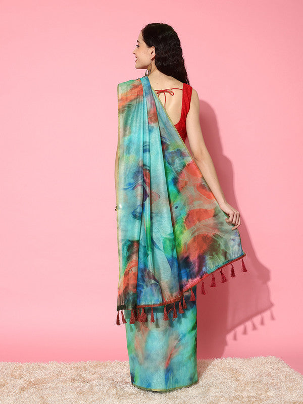 Multicolor Organza Printed Tie and Dye Saree with Unstitched Blouse - Hiral Fashion | Swadesiicart