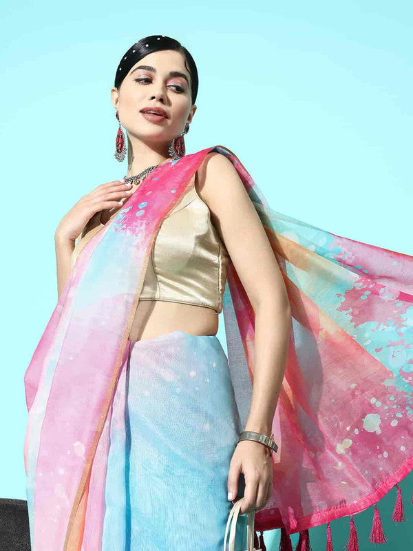 Pink Organza Printed Tie and Dye Saree with Unstitched Blouse - Hiral Fashion | Swadesiicart
