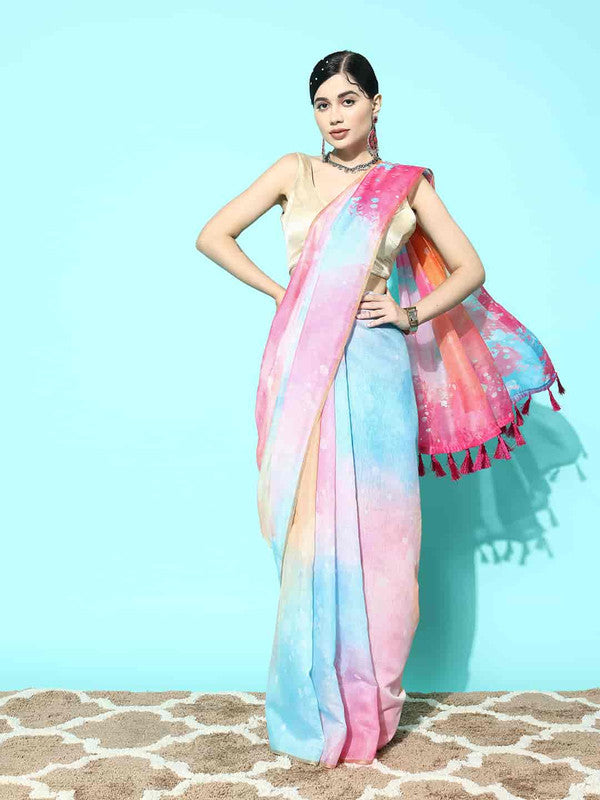 Pink Organza Printed Tie and Dye Saree with Unstitched Blouse - Hiral Fashion | Swadesiicart