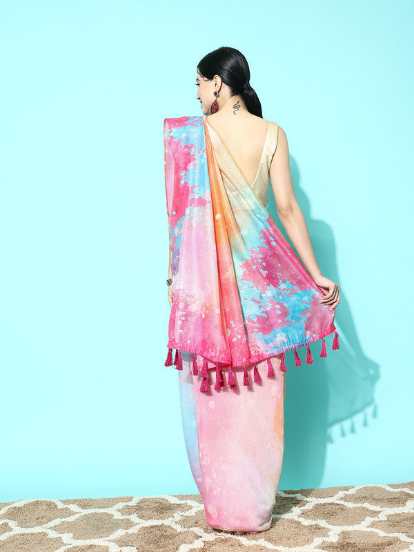 Pink Organza Printed Tie and Dye Saree with Unstitched Blouse - Hiral Fashion | Swadesiicart