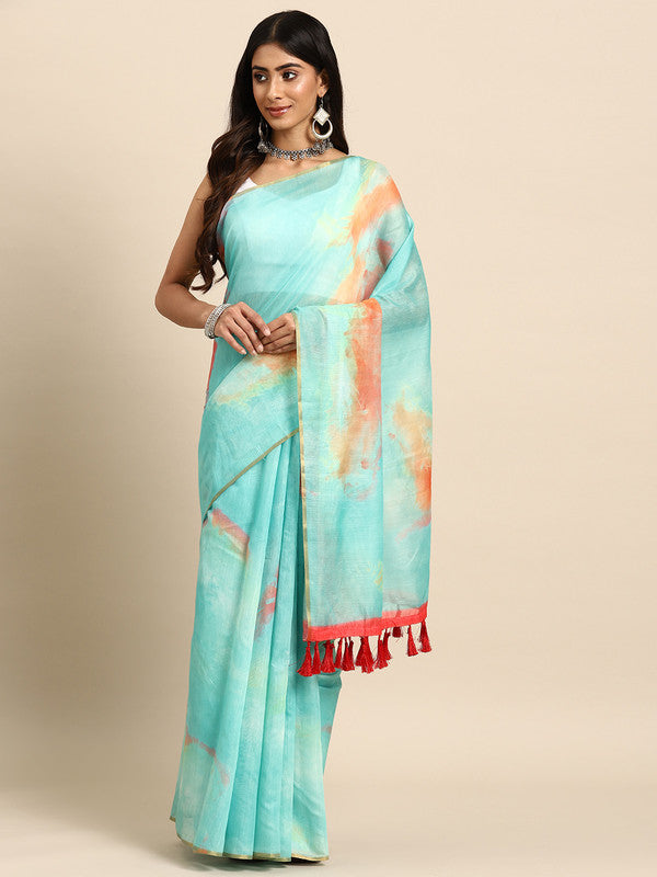Green Organza Printed Tie and Dye Saree with Unstitched Blouse - Hiral Fashion | Swadesiicart